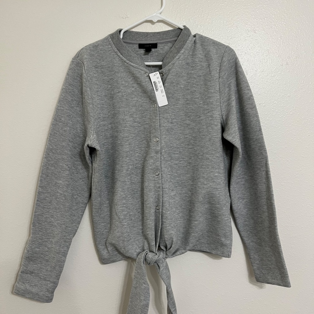 J.Crew Grey Crew-neck Sweater-shirt with Tie Front